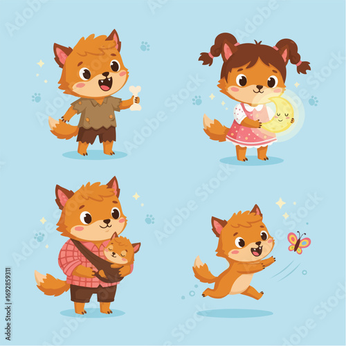 Cute Cartoon Fox Family Animals Playing Together Joyfully and Happily