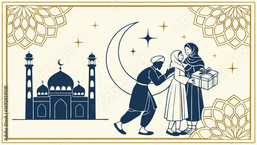 Elegant Eid al-Fitr greeting: Family exchanging gifts, crescent moon, mosque silhouette.