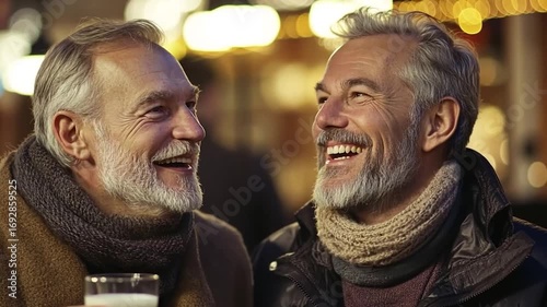 Two Older Men Smiling and Conversing Outdoors at Night with Warm Clothing