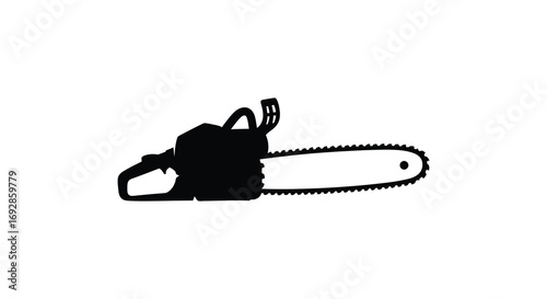 a chainsaw depicted in bold black outline silhouette