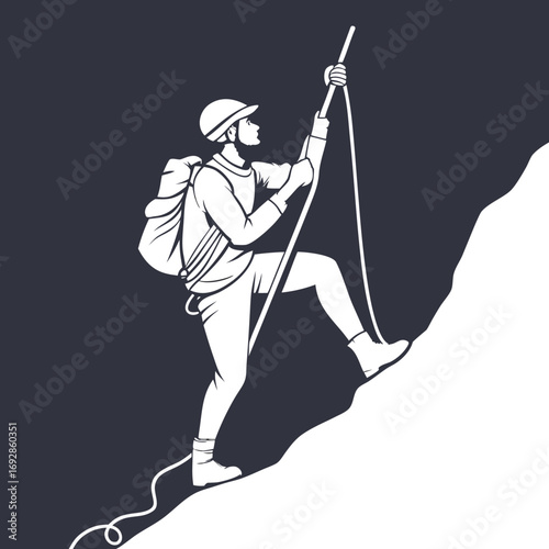 Dynamic silhouette of a determined mountain climber ascending a steep peak with a visible rope symbolizing adventure and achievement