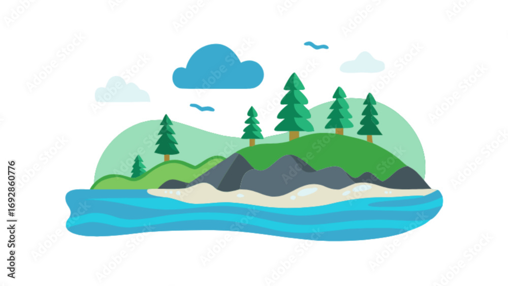 Obraz premium Stylized island landscape with trees and water