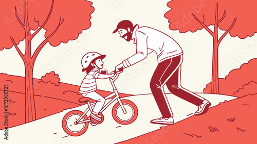 Father teaches daughter to ride bicycle in park outdoors daytime happy family activity and childhood learning moment