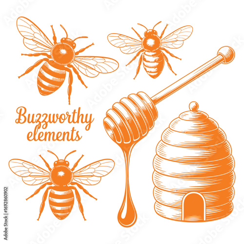 A cute cartoon honey bee with wings flying happily near a flower is a funny vector illustration of the insect