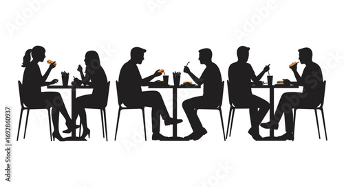 people dining together at tables silhouette