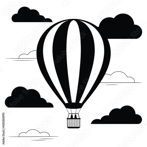 Vector illustration of hot air balloons flying in the sky above the clouds for travel and adventure