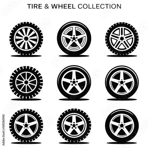 Vector set of wheel, tire, car, and bike icons for transportation and vehicle design illustrations