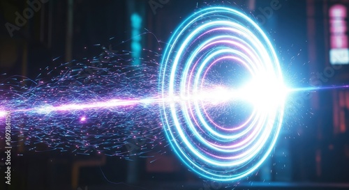 A vibrant light beam surrounded by radiant particles pierces through multiple glowing concentric rings in a dark environment