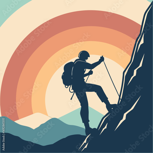 Silhouette of a determined mountain climber reaching the summit at sunrise with vibrant sky colors