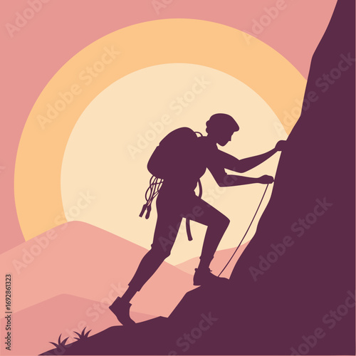Silhouette of a determined mountain climber reaching the summit at sunrise with vibrant sky colors
