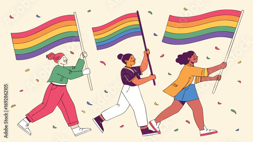 Joyful Diverse Women Parade Rainbow Flags Pride Celebration