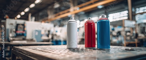 Spray paint cans on a metal table in a factory