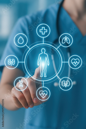 Human health care concept with medical icons and doctor in background
