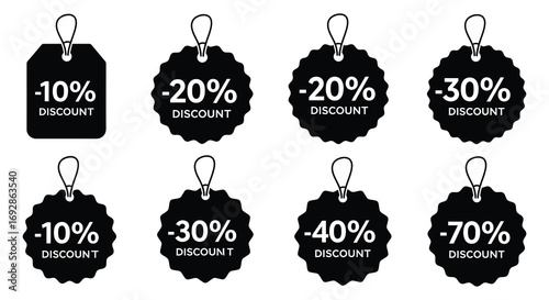 various discount tags hanging on display showing different percentages