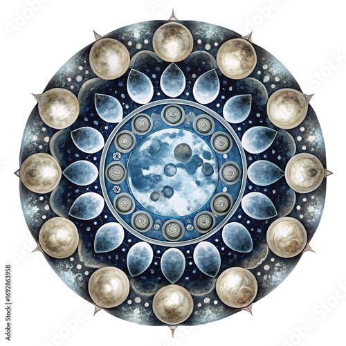 a celestial mandala with moons phases and stars