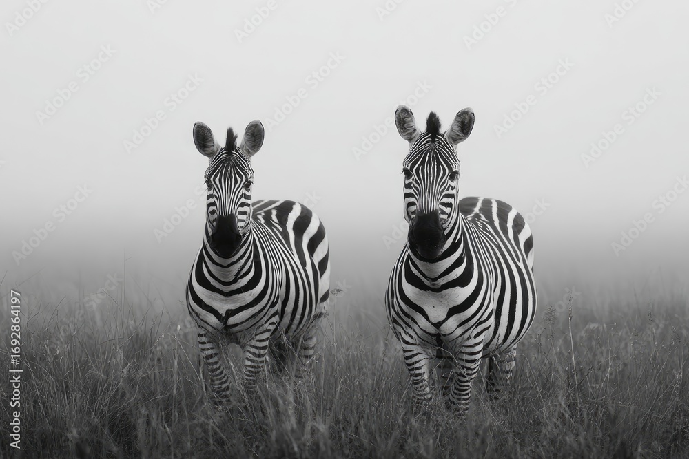 Fototapeta premium Two zebras in a misty field, monochrome