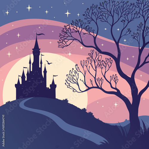 Enchanting castle silhouette against a vibrant dreamy galaxy with a gradient of cosmic colors