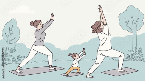 Family doing yoga outdoors warrior pose outdoors mother daughter fitness nature health lifestyle summer day exercise