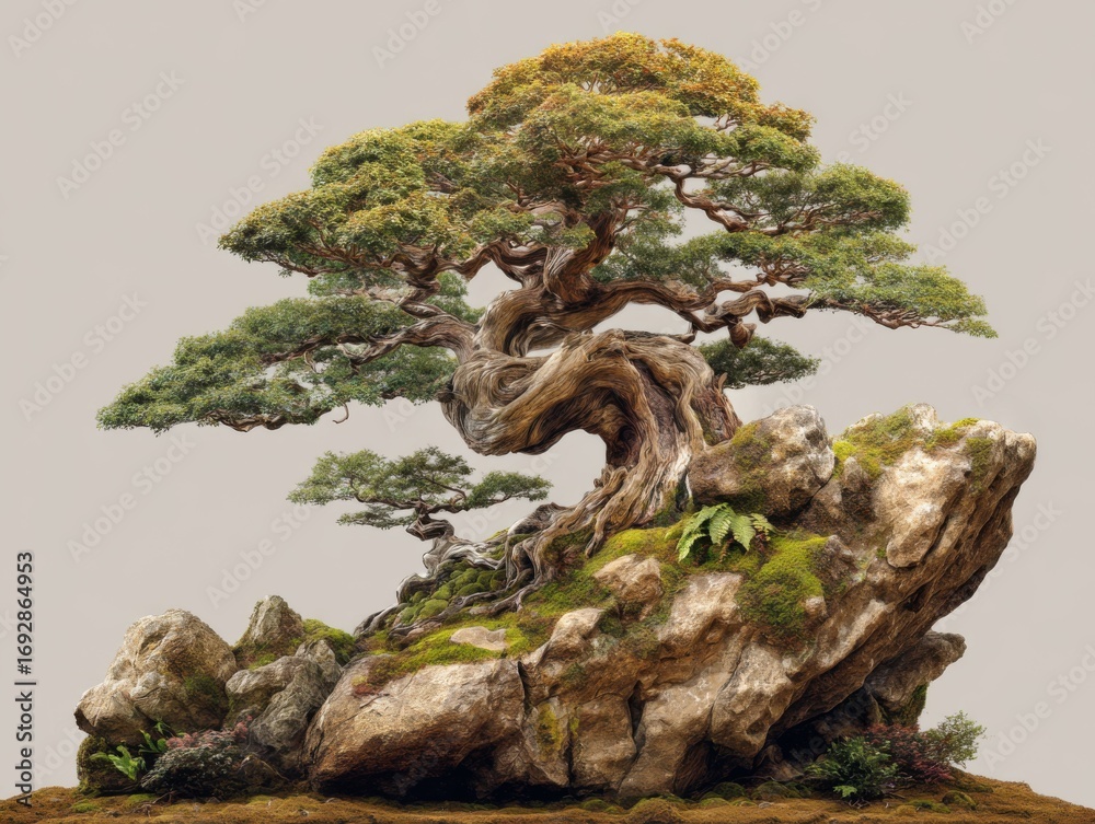 Fototapeta premium Discover tranquility with this stunning bonsai tree perched on mossy rocks, evoking peace and harmony in your design projects today
