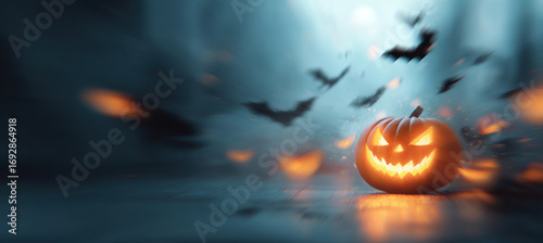 Spooky Halloween Banner with Glowing Jack-o'-Lantern and Flying Bats