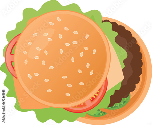 3d top view of cheeseburger isolated on white back on white background