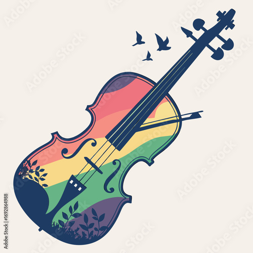 Silhouette of a violin with a vibrant rainbow watercolor splash and abstract artistic elements