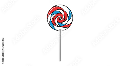 Swirled lollipop candy with red and blue colors on white background  