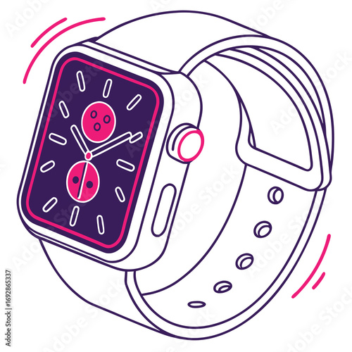 Vibrant neon glowing smartwatch illustration with futuristic digital interface elements