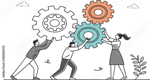 Diverse team collaboration synergy working together to connect interlocking gears symbolizing business success innovation and partnership