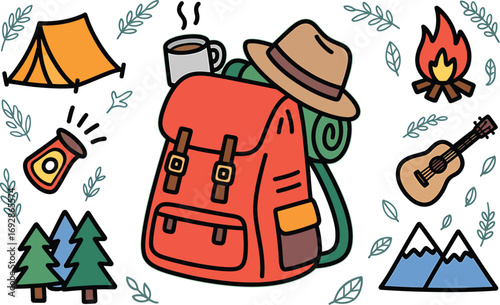 Embrace the Outdoors A Colorful Illustration of Camping Essentials – Backpack, Tent, and Mountain Adventure