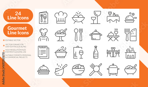 Gourmet line icons set. 24 gourmet food and dining line icons including chef, restaurant, cooking, wine, and kitchen tools.