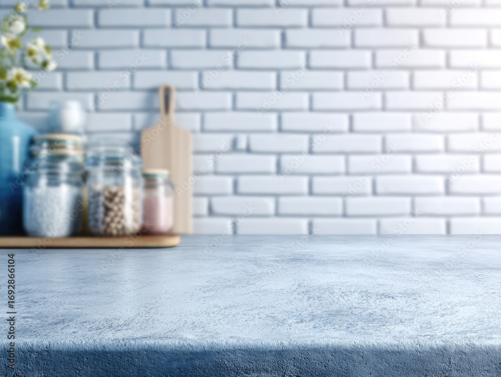 Obraz premium Light-blue countertop, blurred kitchenware