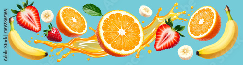 "Vibrant Fruit Splash: Oranges, Bananas, Strawberries in Juicy Bliss"