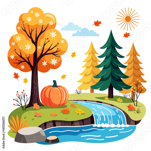 Autumnal Forest Stream with Pumpkin and Fall Leaves