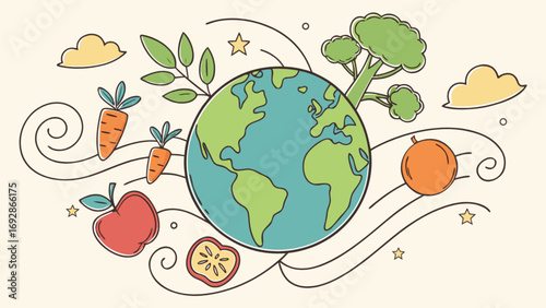 Healthy planet earth with fruits vegetables and clouds