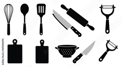 a collection of various kitchen utensils and tools displayed