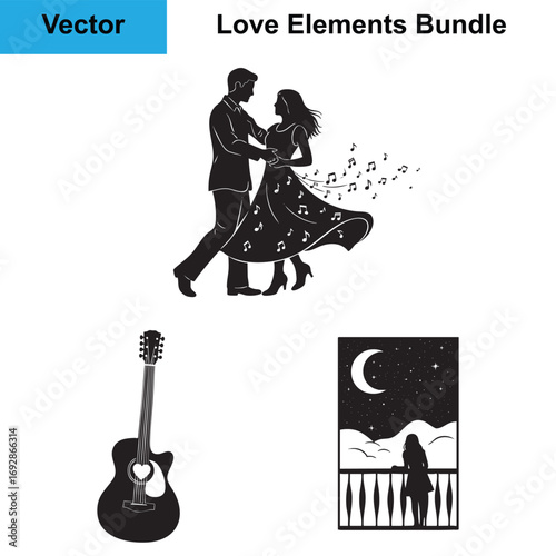 Dance Floor Twirl Serenade Guitar Moonlit Balcony Silhouette Love Vector Bundle