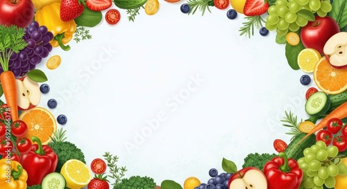 A vibrant oval frame of fresh fruits and vegetables surrounds a clean white central space