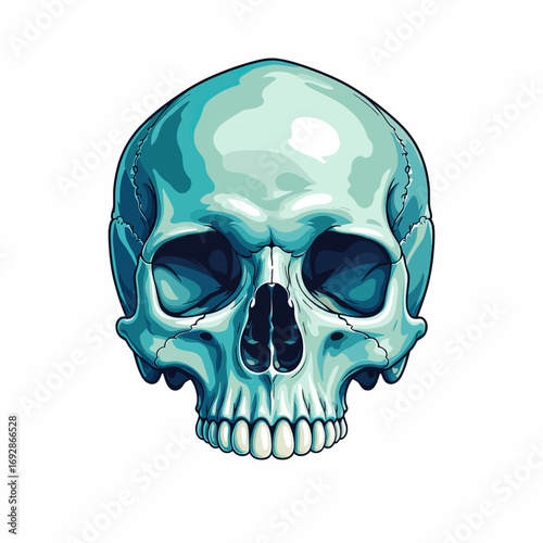 Blue Skull Illustration: Serene Human Skeleton with Teal Shades