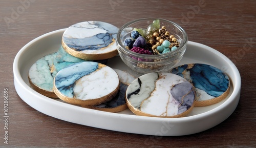 Oval white tray holds circular, marbled coasters.  Small glass bowl with colorful beads sits beside them
