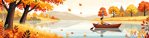 Autumn Lake Journey: Serene Rowing in Fall Foliage