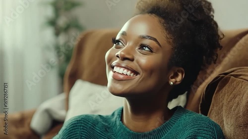 Young Woman Smiling Warmly Sitting on Couch in Cozy Home Environment