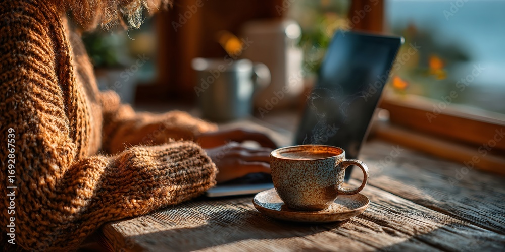 Obraz premium Woman working remotely enjoying hot coffee in cozy cabin