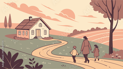 Family walks down a path towards a charming house at sunset
