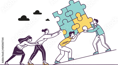 Teamwork and collaboration concept diverse people working together fitting large puzzle pieces symbolizing success and achievement effort