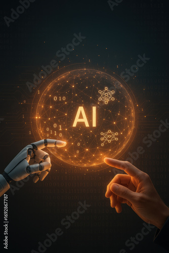 Artificial intelligence concept with human and robot hand touching glowing AI symbol