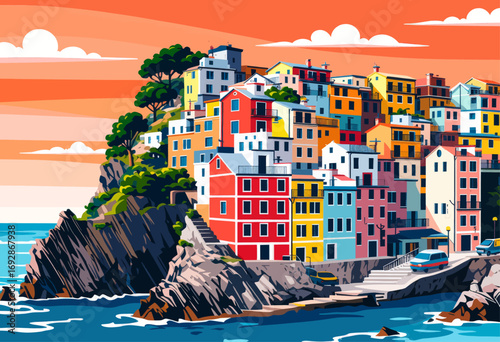 Colorful Coastal Village at Sunset