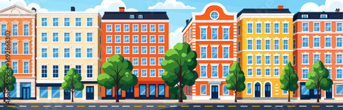 Colorful Urban Street with Trees and Buildings