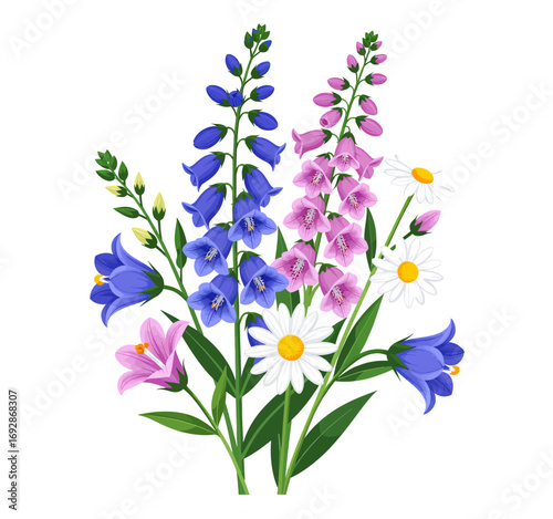 Colorful Wildflower Bouquet with Bluebells and Daisies