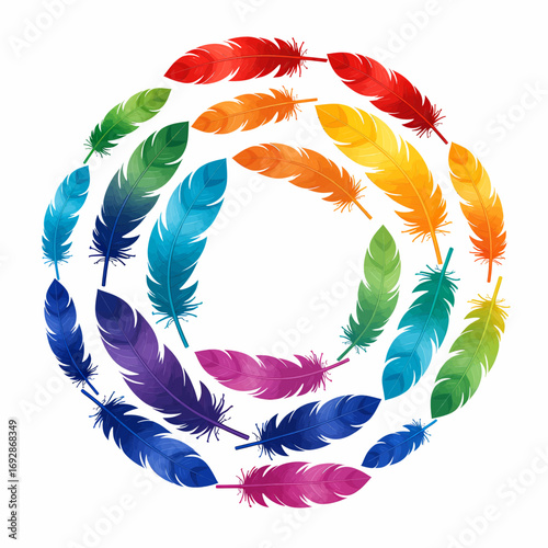 Colorful Feather Circle: Rainbow Plumes in Harmonious Design